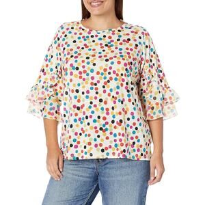 Multiples Colorful Polka Dot Pullover Top with Mesh Ruffle Trim size 2X